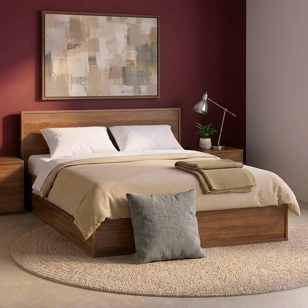 Letto con rete a doghe e testiera 140x190cm + 4 cassetti, noce
