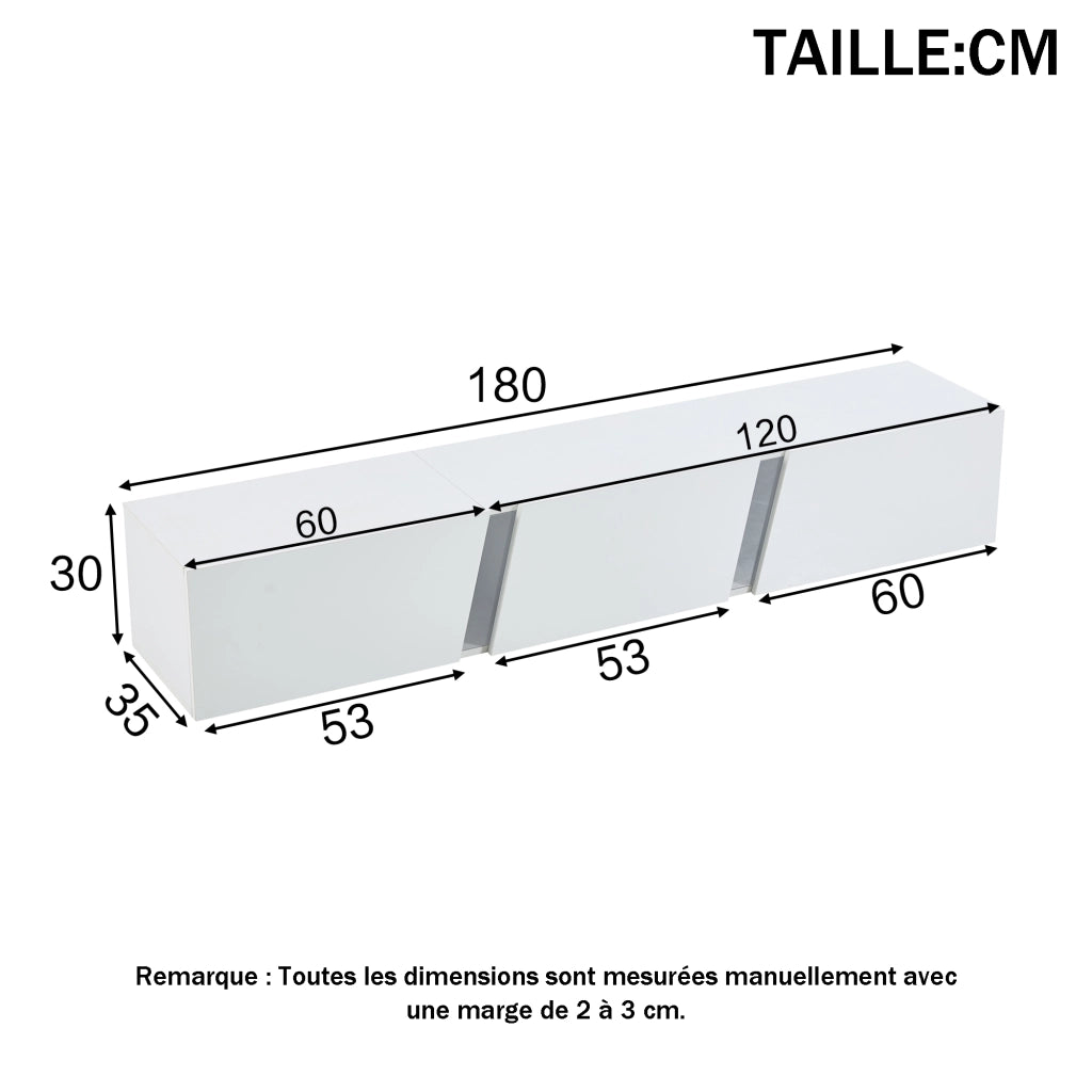 Mobile TV da Parete con 3 Ante a Ribalta e LED; Bianco Lucido; Stile Moderno; in Pannello Truciolare; 180×35×30 cm