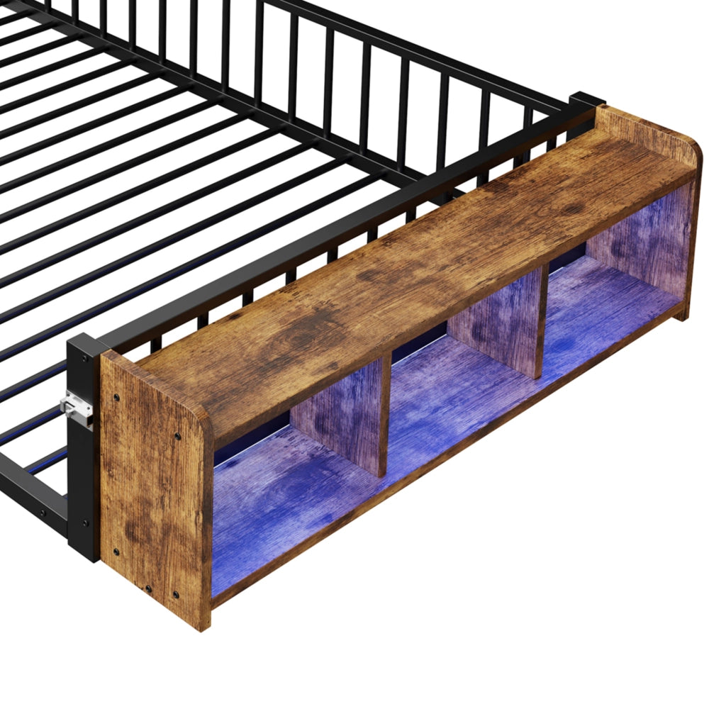 Letto in metallo 140x200 cm con contenitore aperto e luci LED