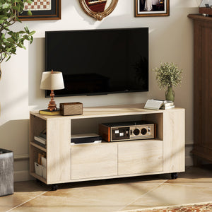 Mobile Porta TV 102x34.5x48.5 cm da 42" con Ruote Ripiani Regolabili e Cassetti Legno