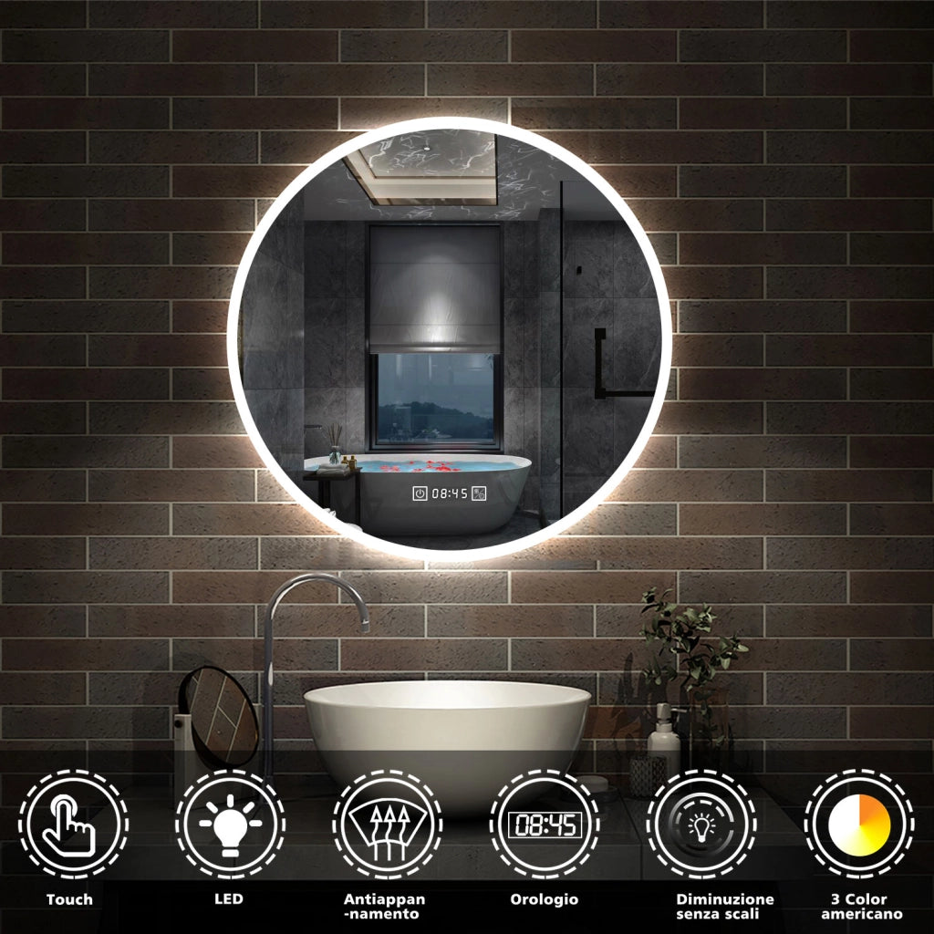 Aica Specchio da bagno a LED+Diametro 80cm+3 Temperature di Colore+Funzione Antiappannamento+orologio