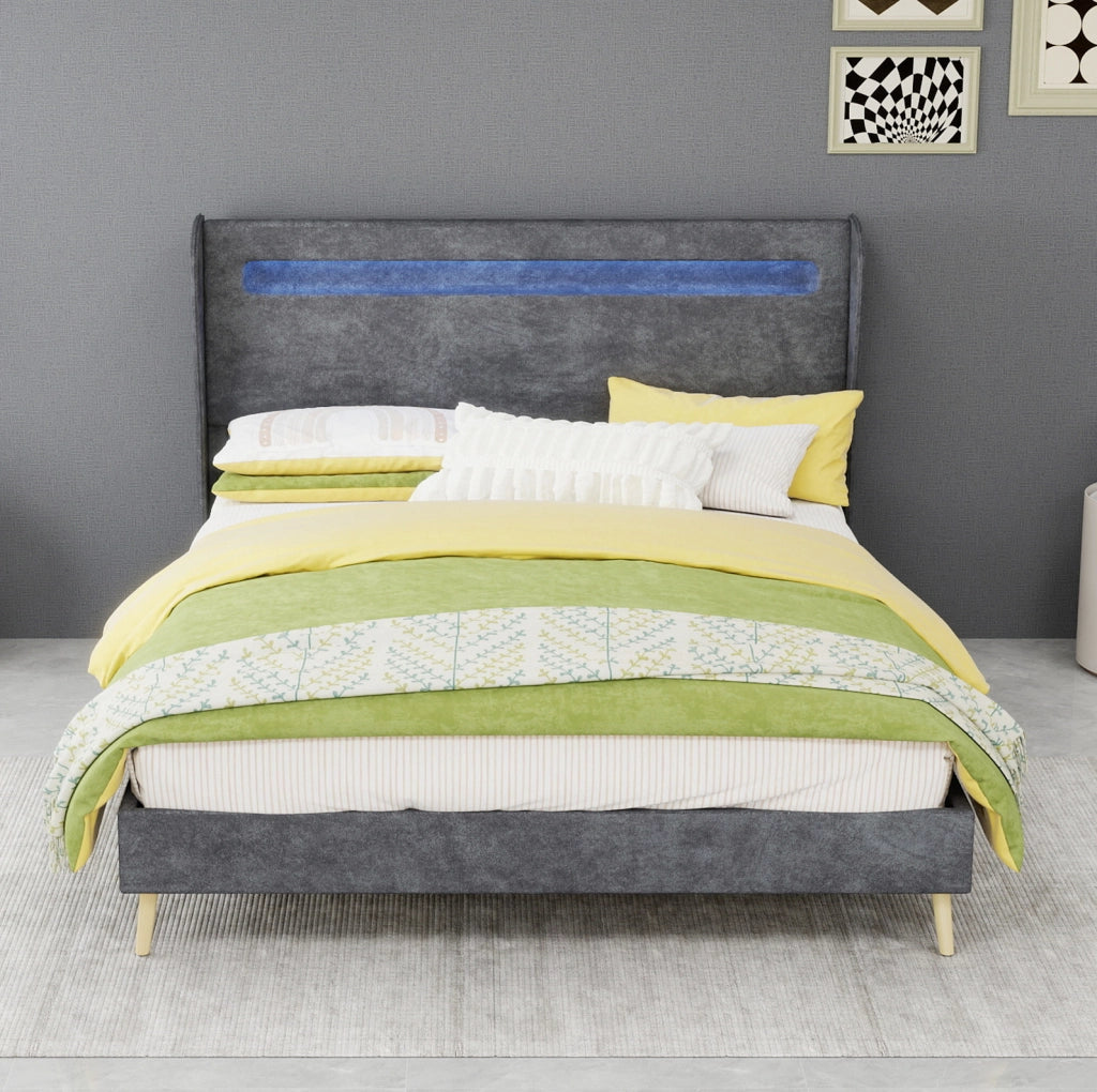 Letto imbottito LED 140x200 cm grigio in tessuto e metallo