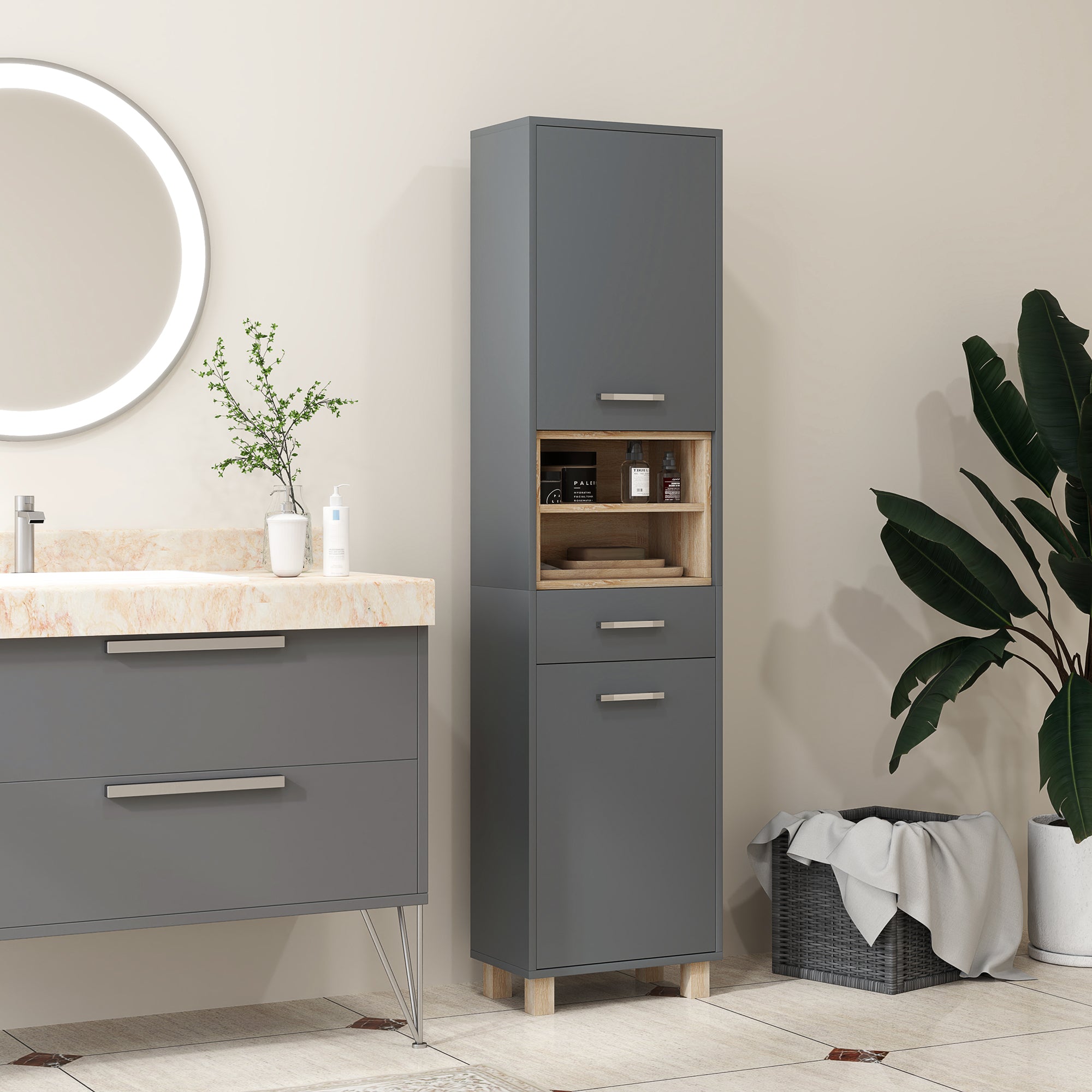 Mobile a Colonna da Bagno con Cassetto e Armadietti 40x24x160 cm in Legno Grigio
