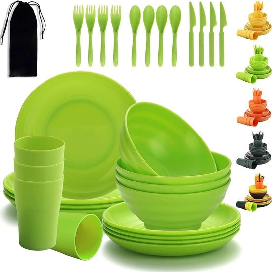 Serviesset in plastica, 28 pezzi, riutilizzabile, indeformabile, set di piatti leggeri, bicchieri, ciotole, servizio da campeggio, facile da trasportare e da pulire, resistente alla lavastoviglie, sicuro fino a 4 persone.