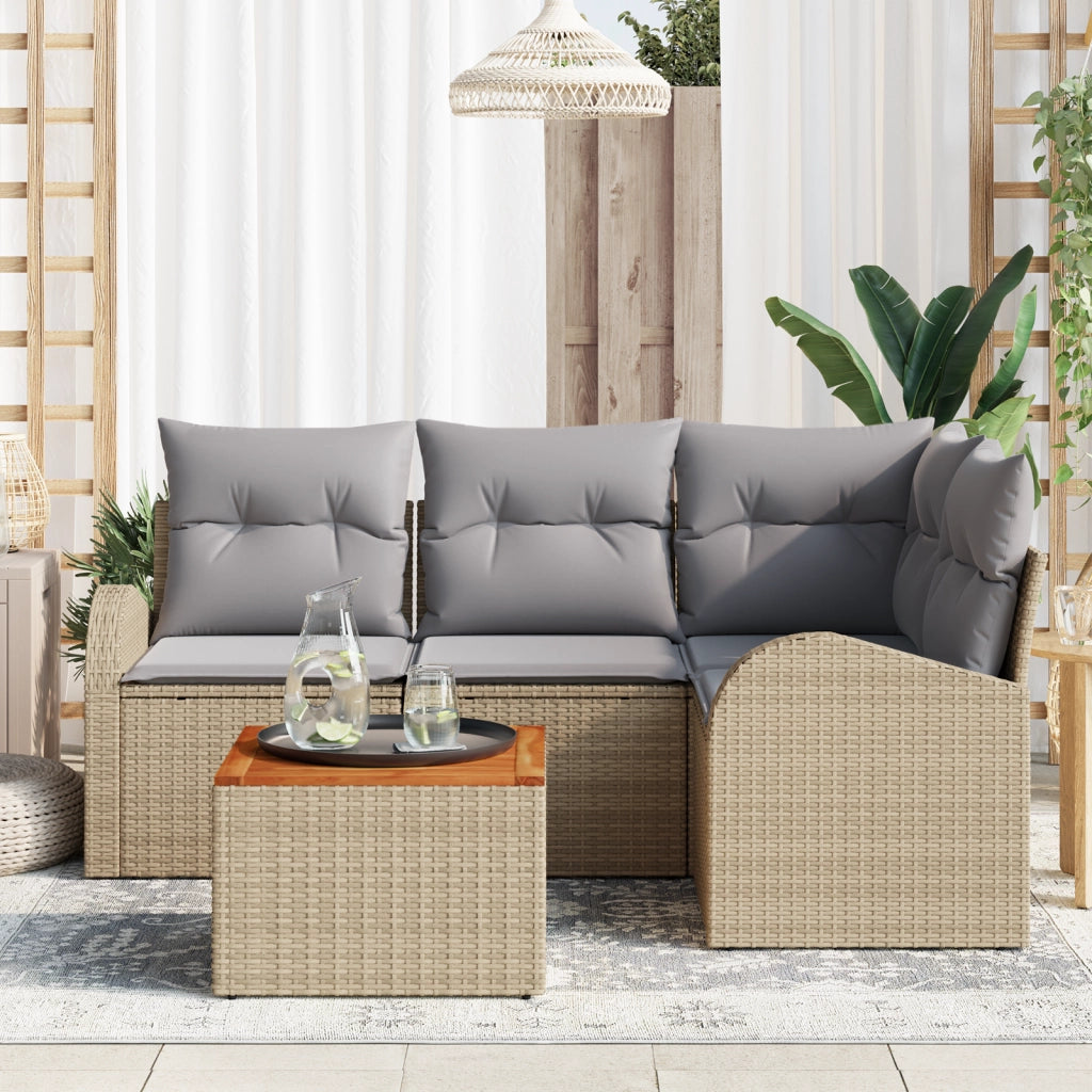 Set Divano da Giardino con Cuscini Beige in Polyrattan e Acacia