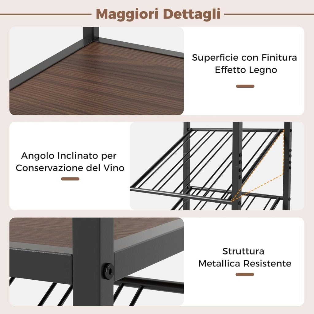 Portabottiglie da Terra a 7 Livelli, Cantinetta Portabottiglie di Vino con Portabicchieri e Piano d'Appoggio, per 16 Bottiglie, Scaffale Espositivo per Vino per Bar, Cucina e Sala da Pranzo