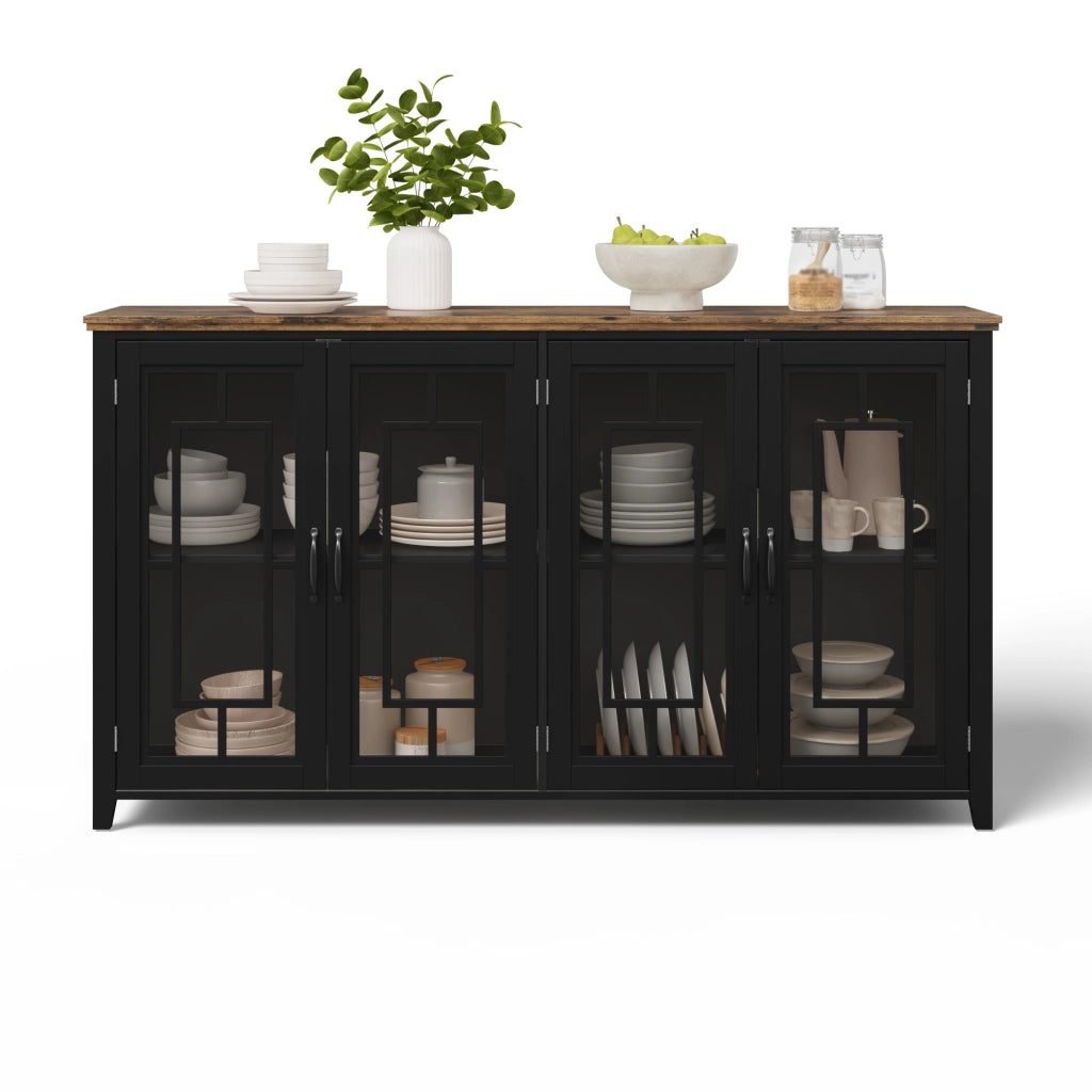 Sideboard da cucina 160 cm con ante in vetro, ampio spazio contenitivo e dispositivo antiribaltamento, nero