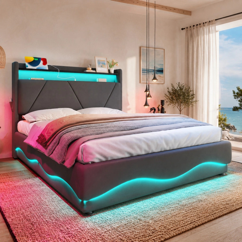 Letto matrimoniale con contenitore 160x200 cm in velluto grigio scuro; LED e USB