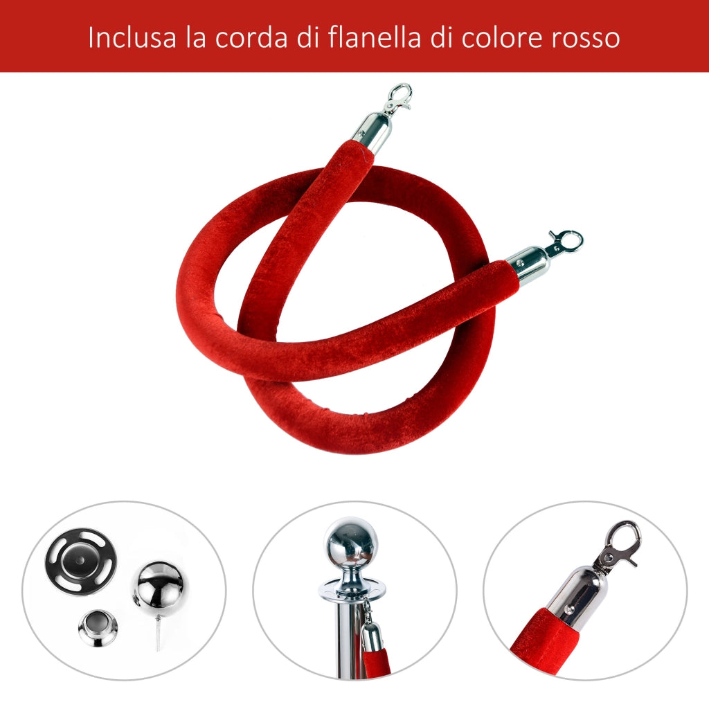Transenne Elimina Separacode Paletti di Delimitazione con Corde Rosso Acciaio Inox §¶32 x 95CM Argento