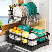 Afdruiprek a due livelli con contenitore per accessori da cucina per lavandino, grande capacità, afdruiprek spaziale con superficie di asciugatura, nero