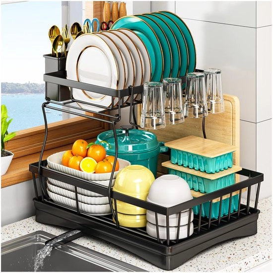 Afdruiprek a due livelli con contenitore per accessori da cucina per lavandino, grande capacità, afdruiprek spaziale con superficie di asciugatura, nero
