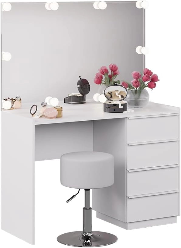 Tavolo da toeletta Viktoria, Bianco, 110 cm con specchio, sgabello e illuminazione a LED, porta un tocco moderno all’ambiente