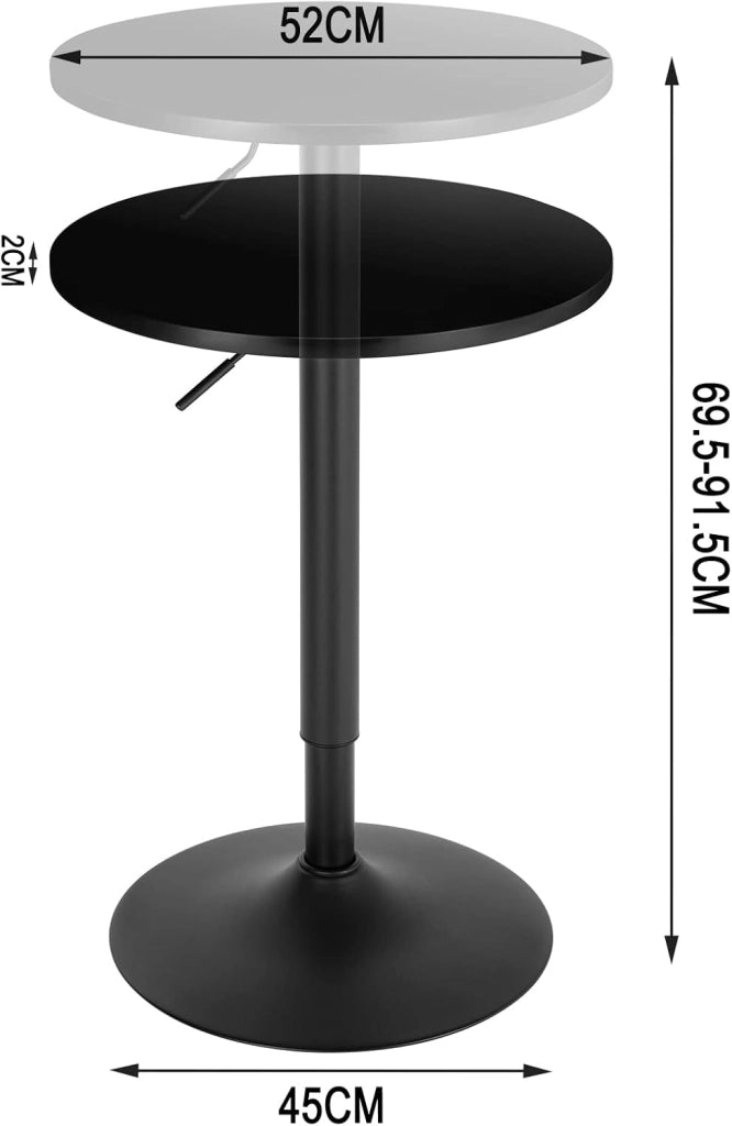 Tavolo Alto da Bar Girevole a 360°, Tavolino Rotondo in Legno e Metallo, Tavolo Regolabile in Altezza 70-91cm, da Cucina, Soggiorno, Nero