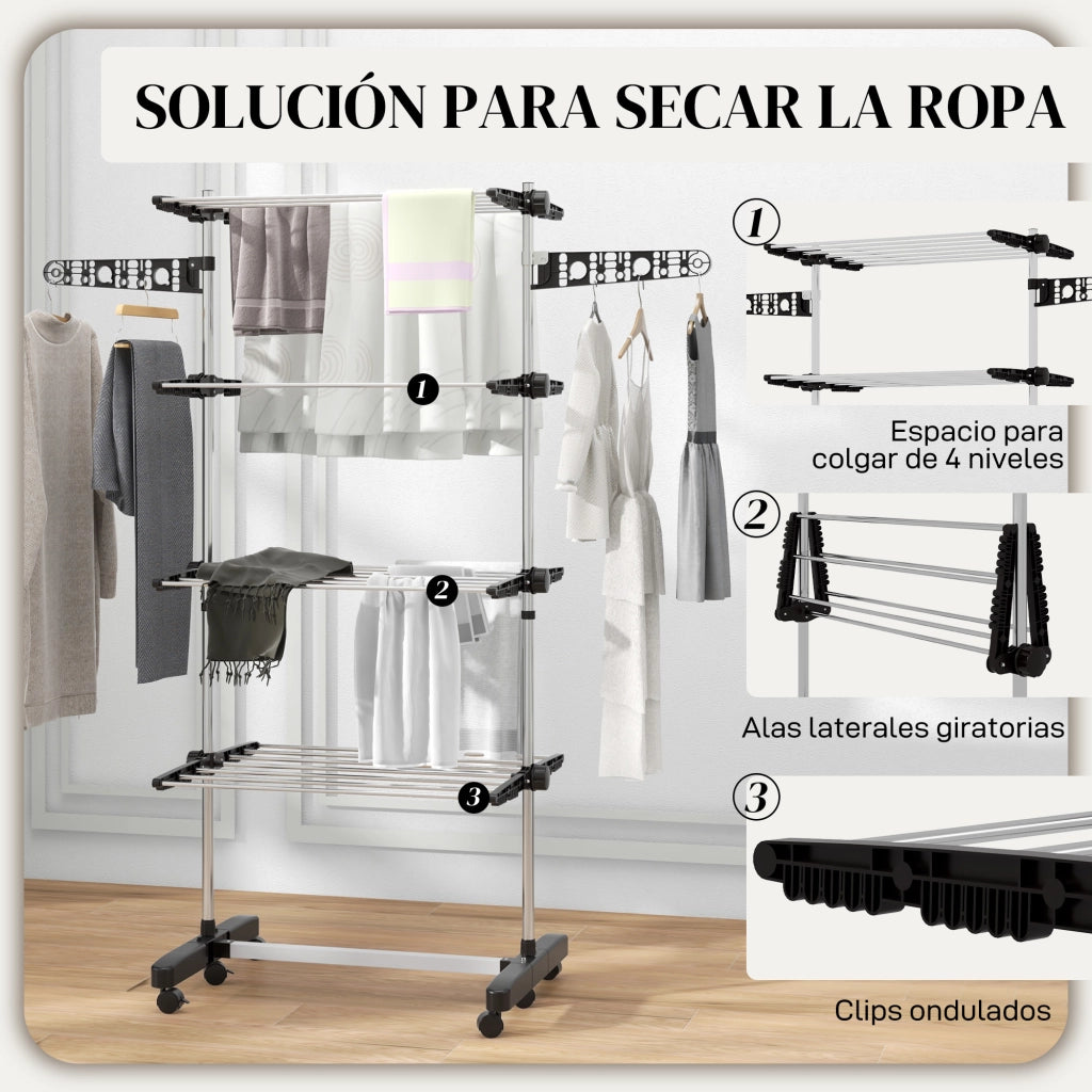 Asciugatoio Verticale 4 Livelli con Rotelle ¨C Zephmum ¨C Nero e Argento