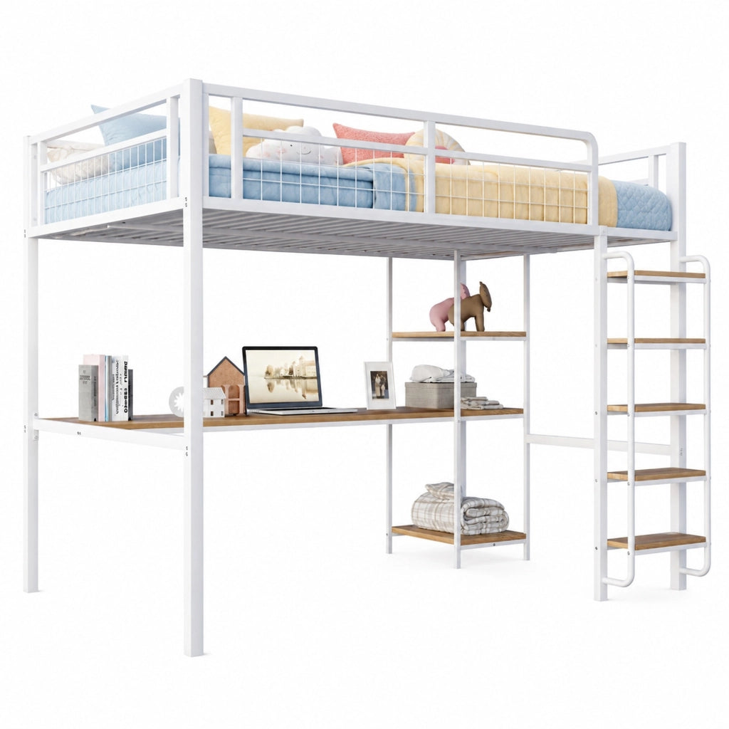 Letto a soppalco in metallo 140x200 cm bianco con scrivania; ripiani e scala di sicurezza