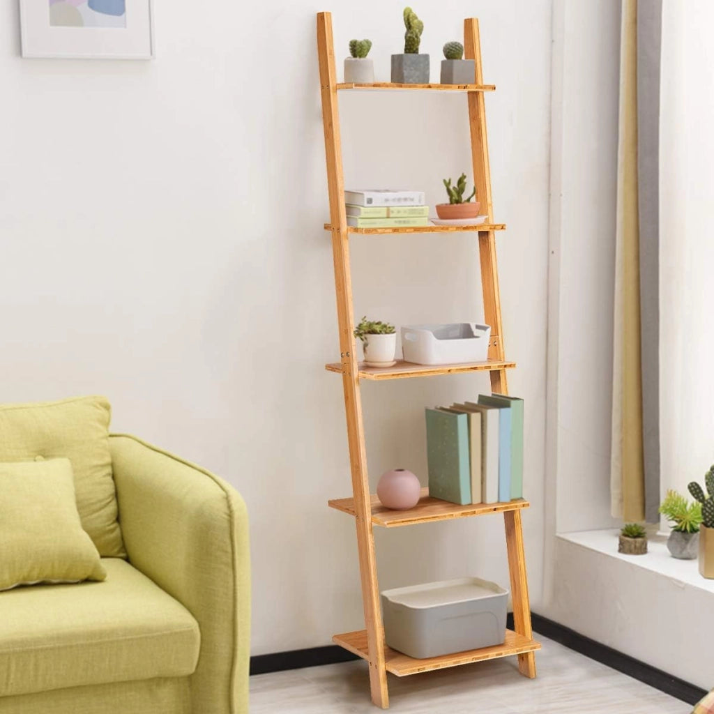 Scaffale a Scala con 5 Ripiani, Libreria Moderna in Bambù con Ripiani Aperti, Libreria a Parete Multiuso per Soggiorno Cucina Ufficio, 43x35,5x165 cm