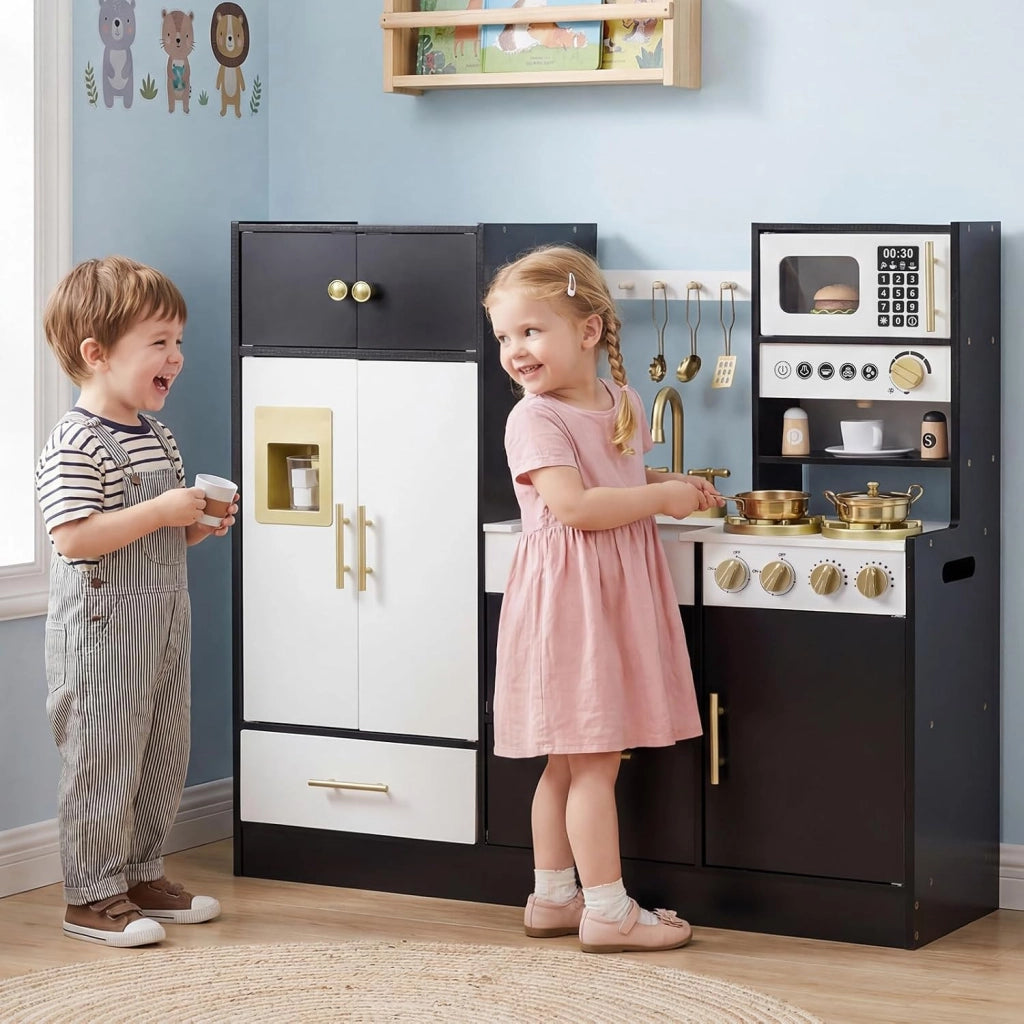 Cucina Giocattolo per Bambini, Set Cucinetta in Legno con Luci e Suoni Realistici, Fornelli, Lavello, Rubinetto, Forno, Microonde, Macchina del Caffè, Gioco di Finzione Chef per Bambini 3+