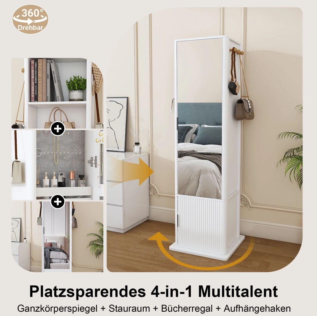 Armadio specchiera girevole a 360° 4 in 1 con specchio intero; ripiani e ganci; 50x50x170 cm; bianco