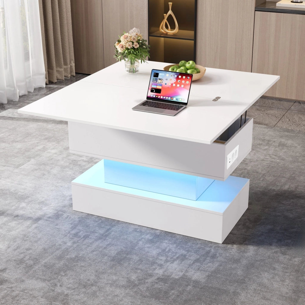 Tavolino regolabile in altezza, con presa di corrente e luci a LED, 100x50x51,5 cm, bianco