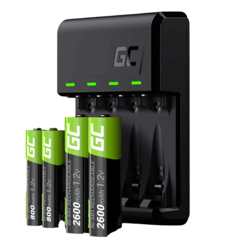 Caricabatterie più 4x Batterie Ricaricabili AA 800mAh Ni-MH Nero Green Cell