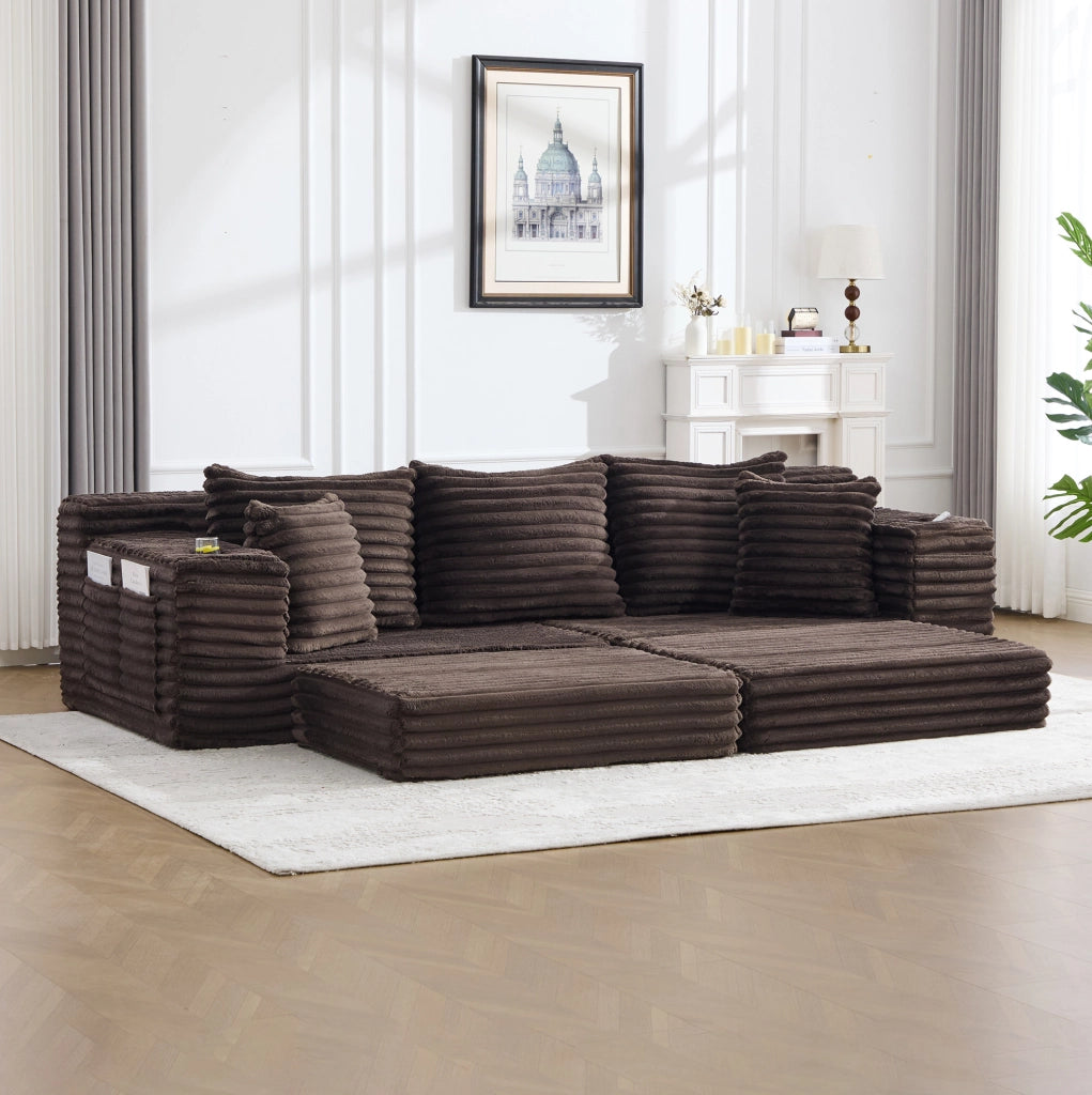 Divano letto 273 x 98 x 87 cm marrone, tasche e portabicchieri, tessuto a coste