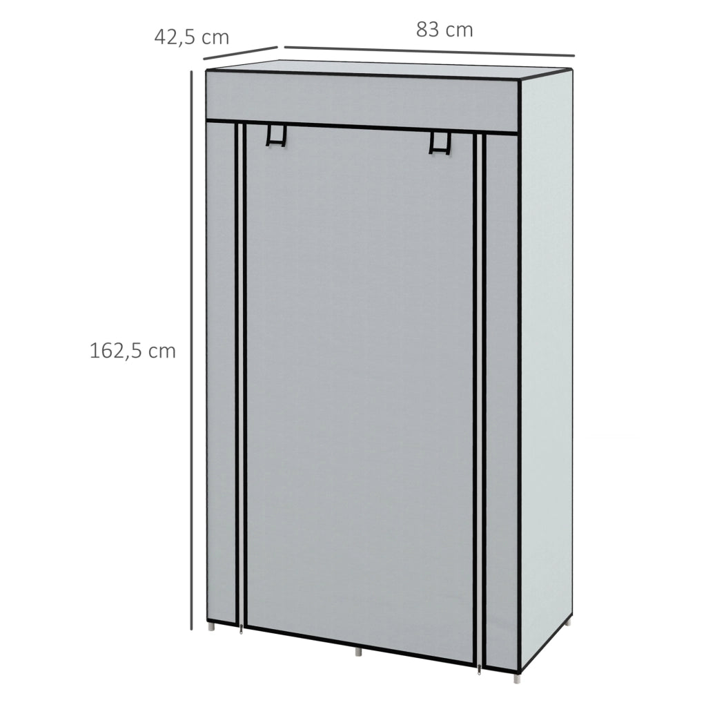 Armadio portatile 83x42.5x162.5 cm con asta appendiabiti; 5 scomparti e cassetti in tessuto; acciaio grigio chiaro