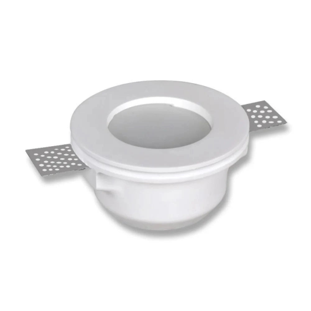 Portafaretto da incasso in gesso a scomparsa, diametro 120mm, altezza 65mm, foro 125mm, con vetro opaco, compatibile con faretti GU10
