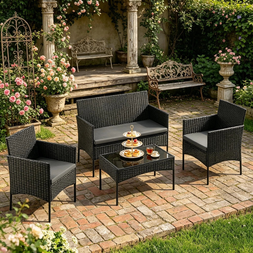 Mobili Da Giardino Per 4 Persone Nero Rattan Ferro Vetro Tavolo 71 Cm Salotto Esterno