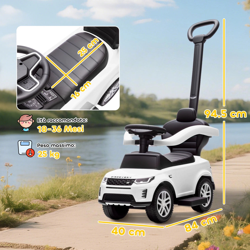 Macchina Cavalcabile Land Rover ¨C Xylo ¨C con Maniglia e Barriera, PP e Acciaio, Bianco