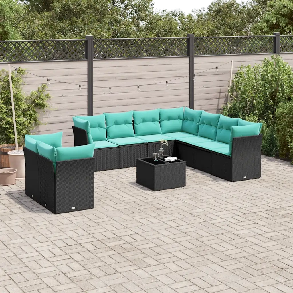 Set Divani da Giardino 10 pz con Cuscini Nero in Polyrattan 3217847