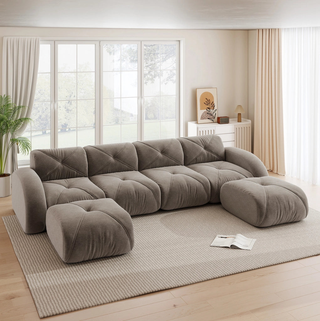 Divano modulare a U 358x171x76 cm in chenille taupe; 4 posti
