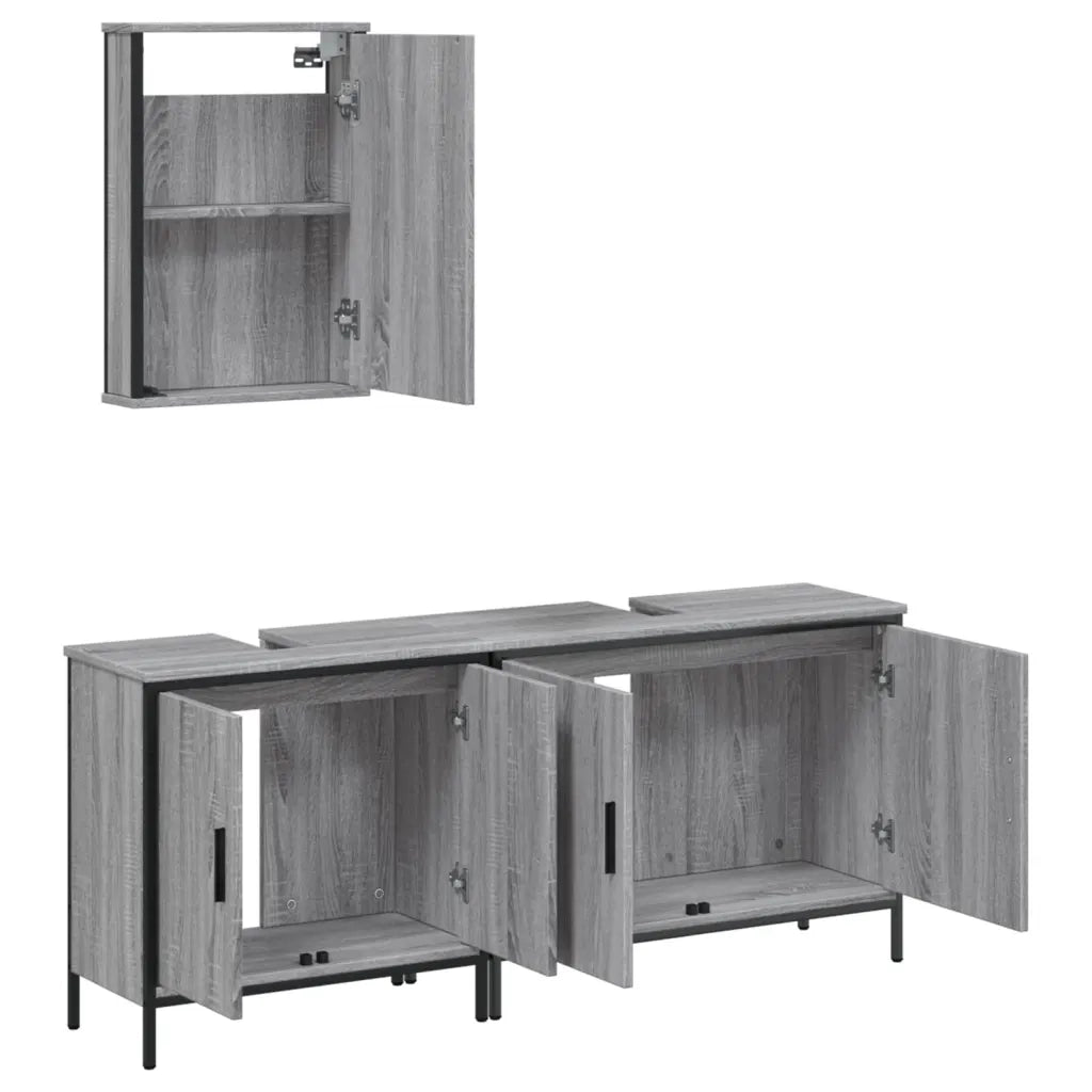 Set Mobili da Bagno | Armadio da bagno 3 pz Grigio Sonoma in Legno Multistrato