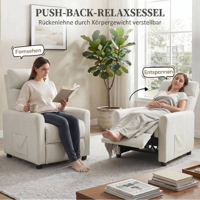 POLTRONA RECLINABILE 73x86x100 cm in poliestere bianco crema con tasche laterali