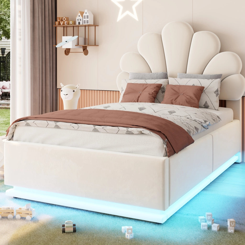 Letto imbottito 90x200 cm in velluto beige con testiera a fiore; contenitore e LED