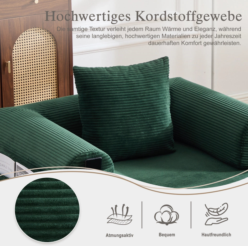 Divano modulare in velluto a coste color smeraldo con pouf; 112 x 190 x 67 cm