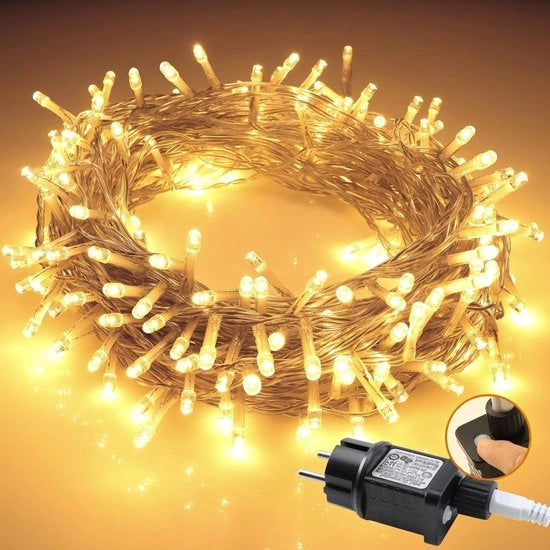 Lanterna esterna da 60 m con 600 led - colore caldo bianco - 8 modi - funzione orologio - resistente all'acqua e al tempo