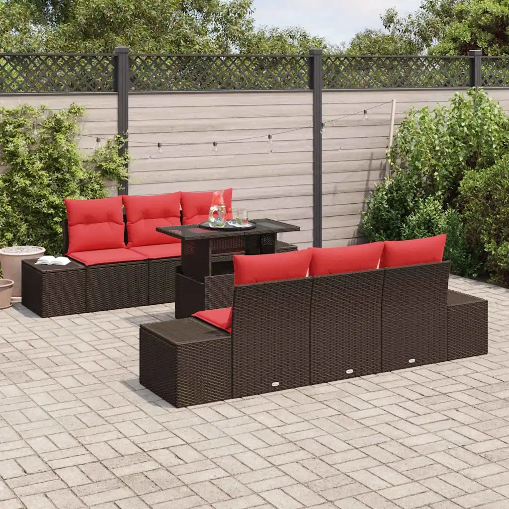 Set Divano da Giardino 7 pz 6-Numero di posti Marrone e Rosso 3357847