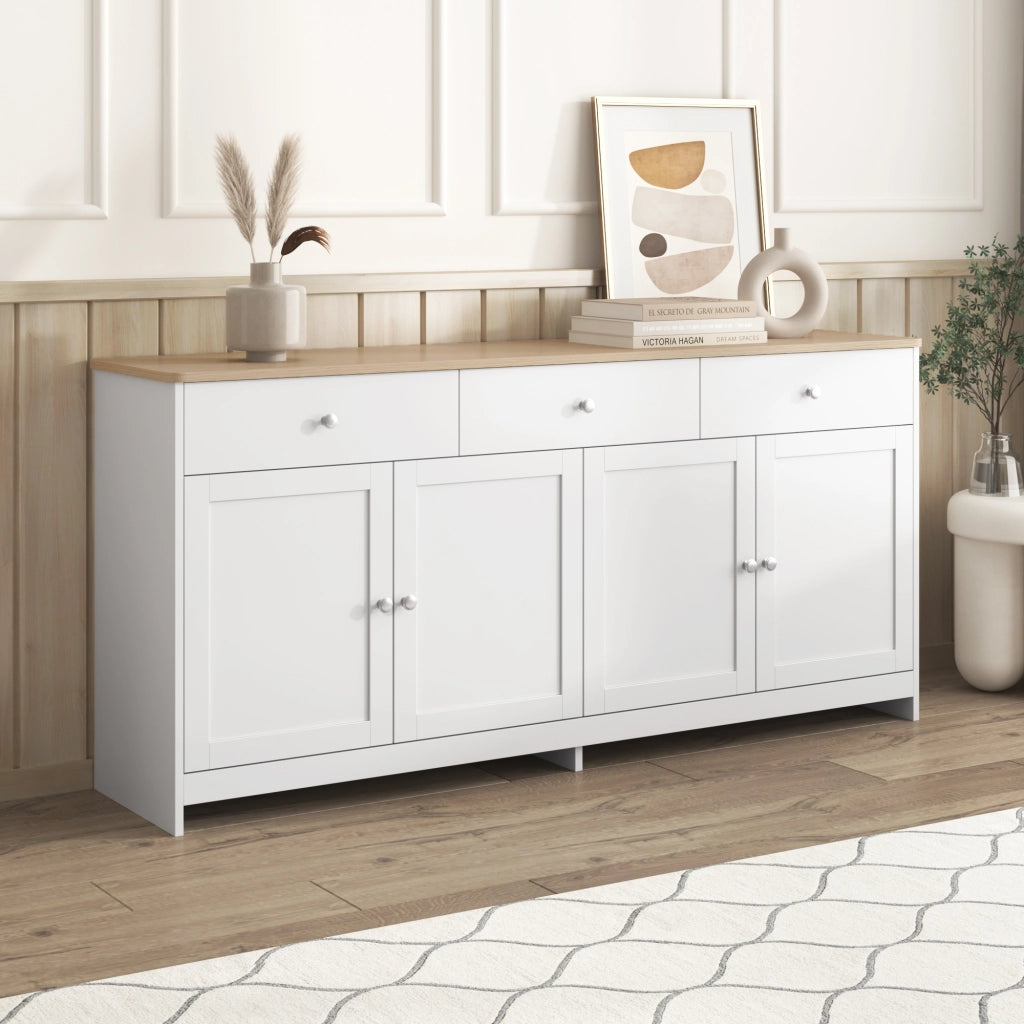 Credenza con 4 Ante e 3 Cassetti; Ripiani Regolabili; Stile Country; in MDF; Bianco; 160??37??75 cm