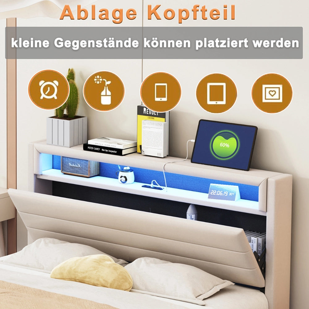 Letto matrimoniale 160x200 cm - Xylo - USB LED Lin Beige