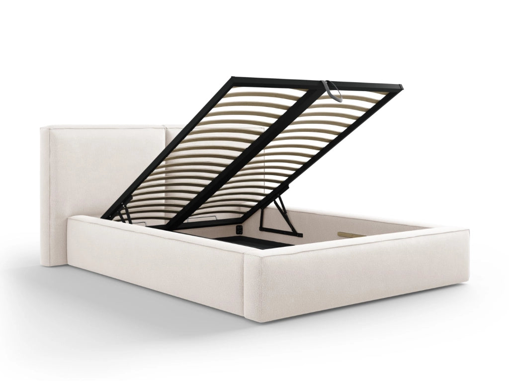 Cosmopolitan Design - Letto a cassettone con testiera doppia "Arendal" 140x200cm in tessuto strutturato beige chiaro 