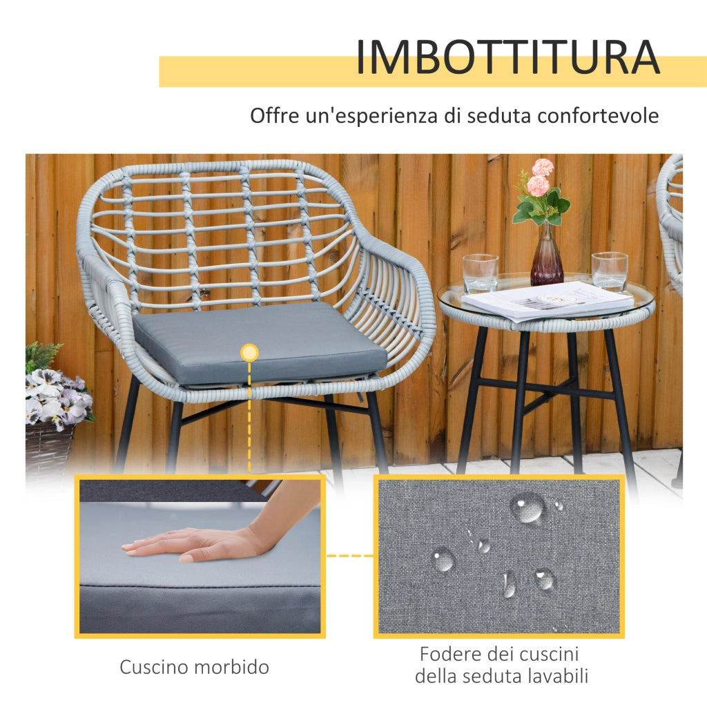 Set Divano da Esterno in Polyrattan con 2 Sedie e Tavolino in Vetro ¨C Zephmum ¨C Grigio