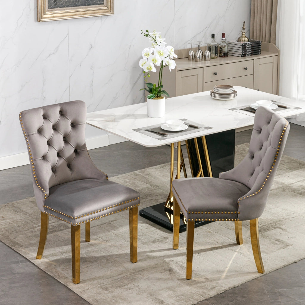 Sedie da Pranzo Imbottite in Velluto ¨C MINIMAL ¨C Set 2 Pezzi, Legno Massello, Gambe Oro, Grigio