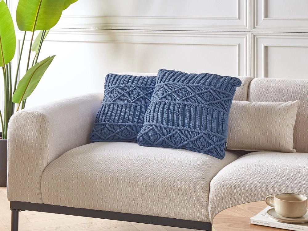 Set di 2 cuscini decorativi in macramè di cotone blu 45 x 45 cm Corda Boho Retro Decor Accessori