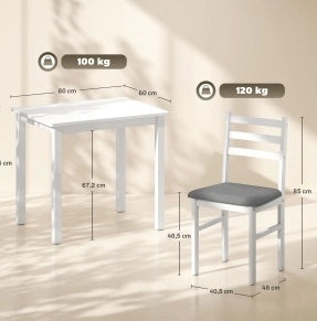 Set da pranzo 3 pezzi con tavolo in MDF bianco e 2 sedie imbottite per spazi compatti