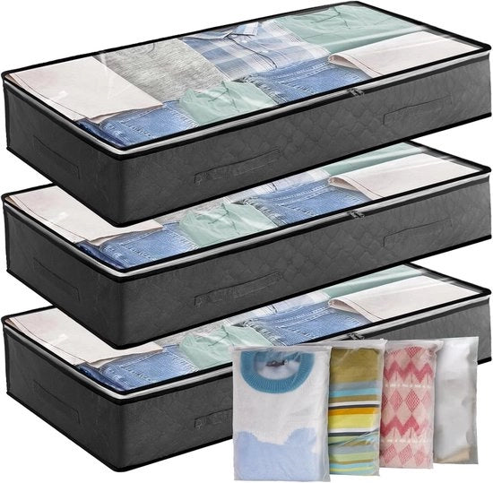 Contenitore di Stoccaggio Sotto Il Letto - 3 Pack - 90L - Contenitore di Stoccaggio Sotto Il Letto - 4 Tasche di Stoccaggio con Struttura in PVC - Per Abiti, Coperte, Piumoni, Trapunte, Biancheria da Letto
