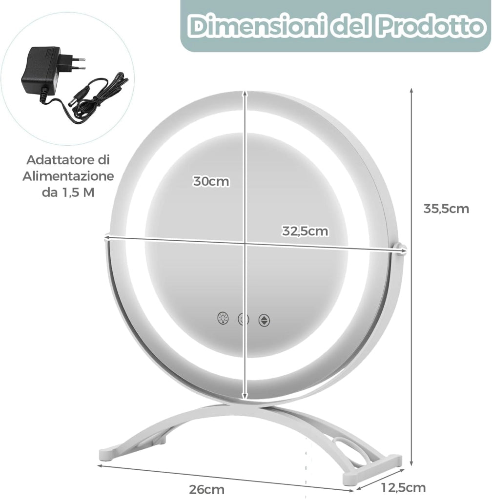 Specchio da Tavolo 30 CM, Specchio per Trucco con Luci LED a 3 Colori Controllo Tattile Intelligente, Rotazione a 360°, Specchio Rotondo con Cornice in Metallo, Bianco
