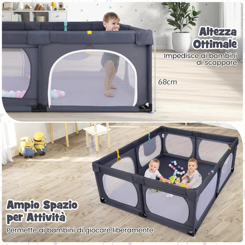 Recinto per Bambini, Box per Bambini con Rete Traspirante, Centro Attività per Bambini con 50 Palline, Box Giochi per Bambini 0-3 Anni (Grigio Scuro, 189 x 158 cm)