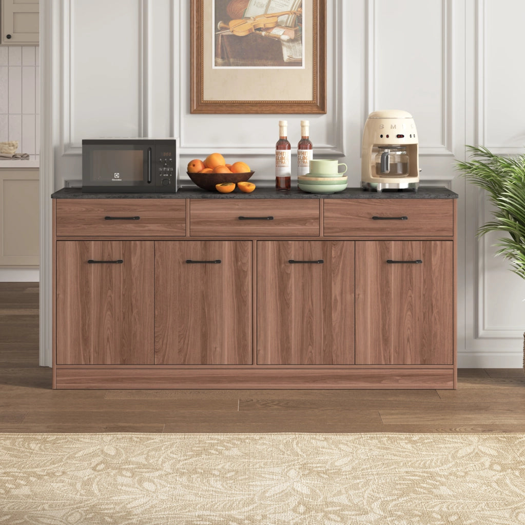 Credenza da cucina con 3 cassetti e ripiani regolabili; MDF colore noce