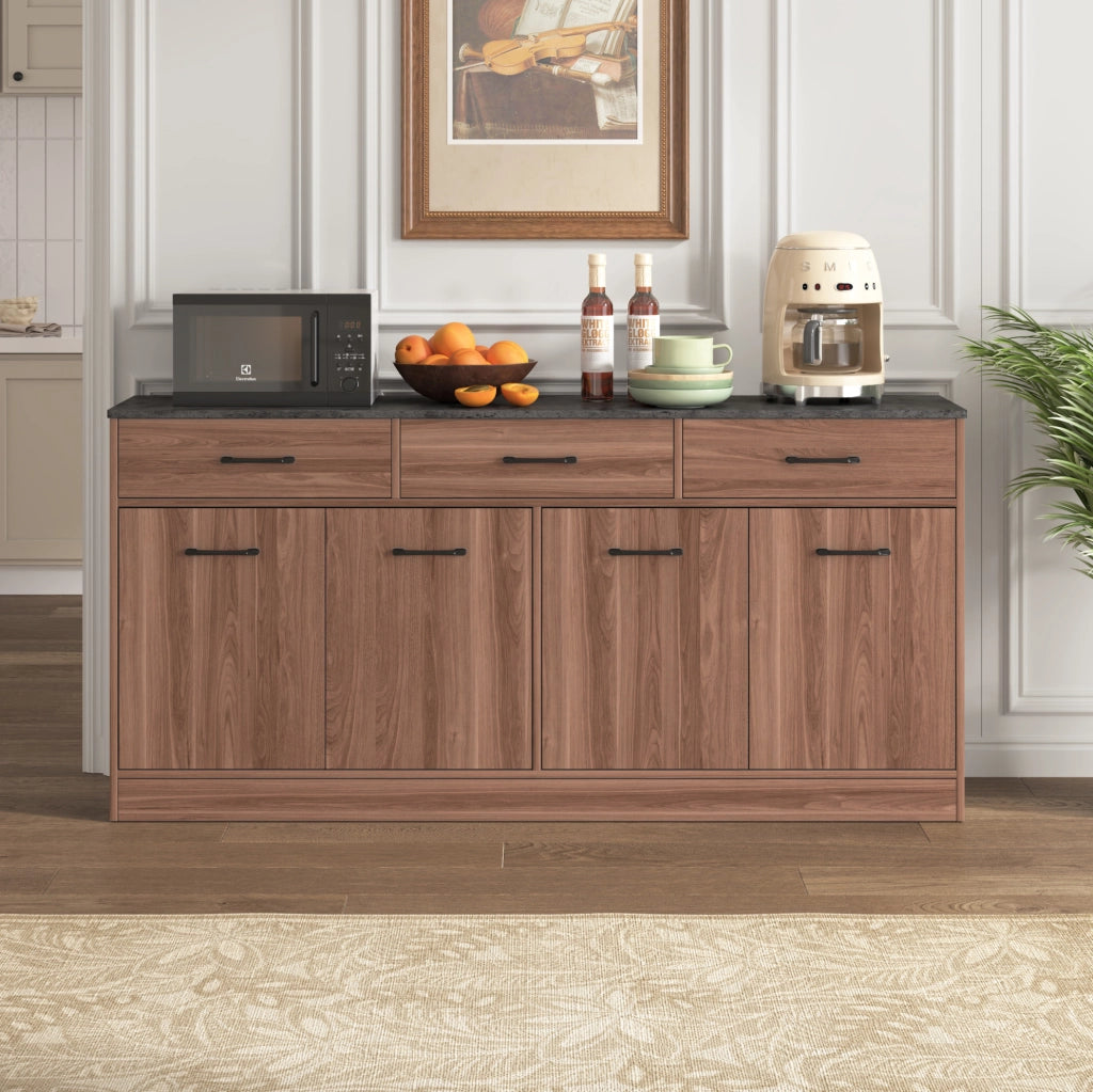 Credenza da cucina con 3 cassetti e ripiani regolabili; MDF colore noce