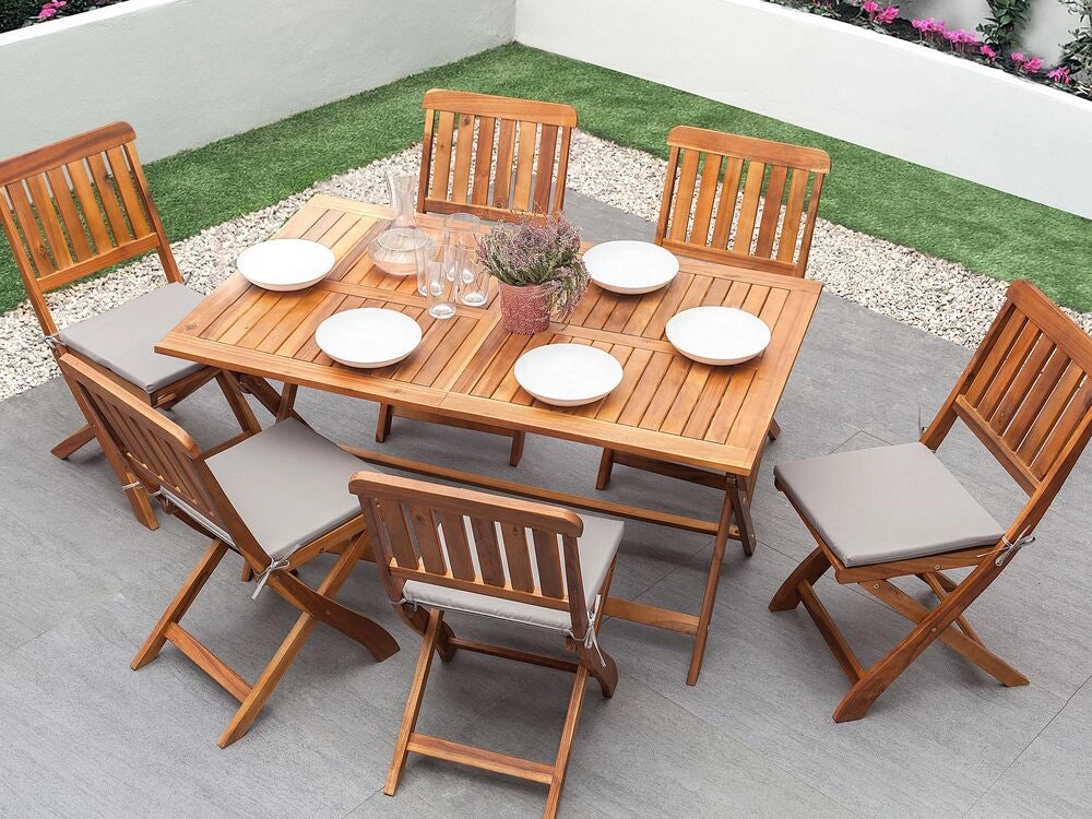 Tavolo da pranzo da giardino in legno di acacia scuro 140 x 75 cm pieghevole da esterno a 6 posti rettangolare